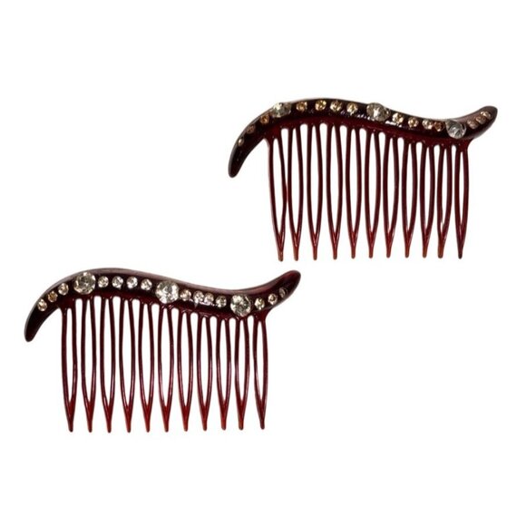 Vintage Hair Combs '40's Burgundy Swish Top Rhinestone Accents Hollywood Glam - Picture 1 of 9